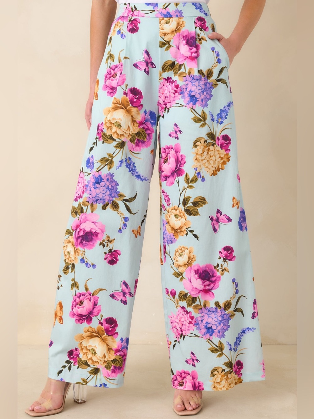 Prosperina Sz M BARRETT BLUE MULTI FLORAL COTTON WIDE LEG PANTS